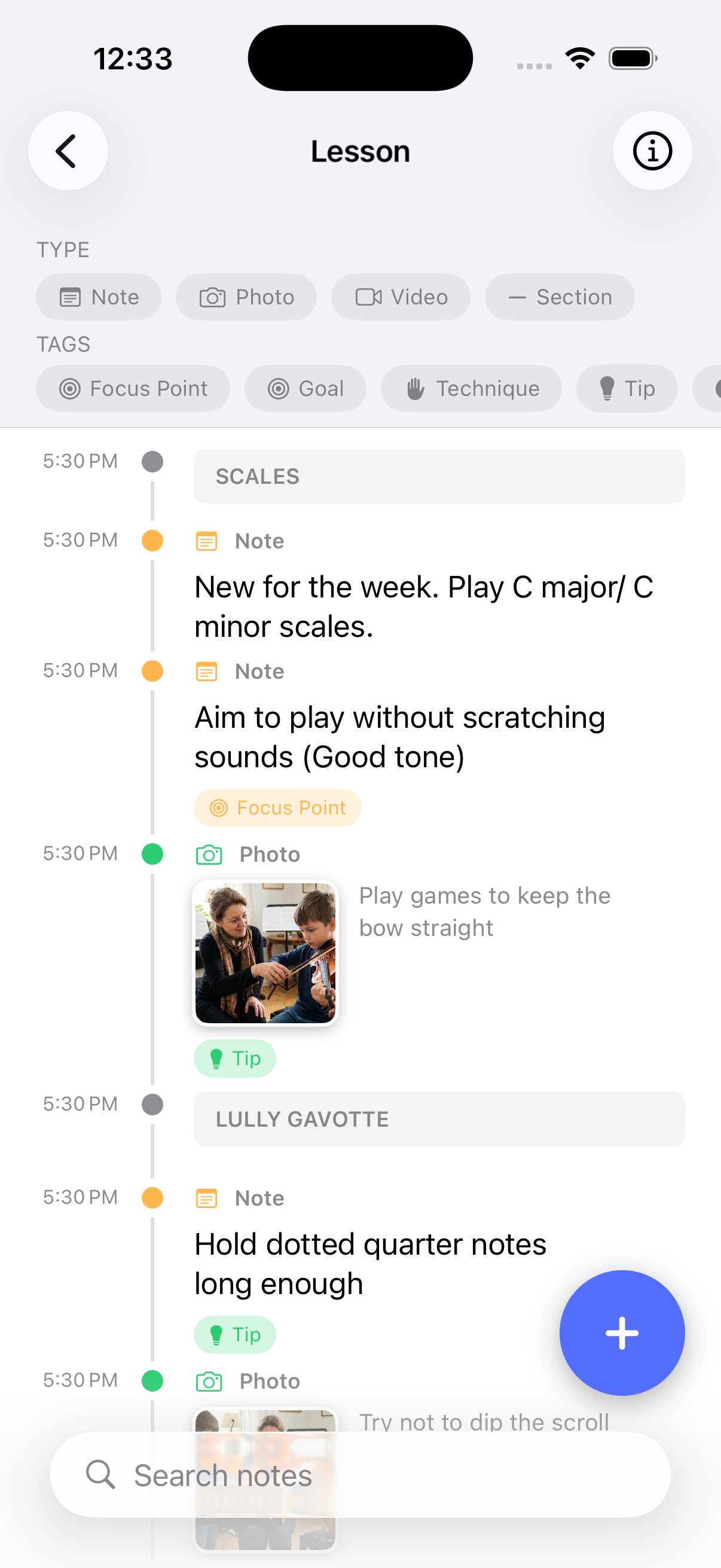 Lesson notes with photos and practice instructions