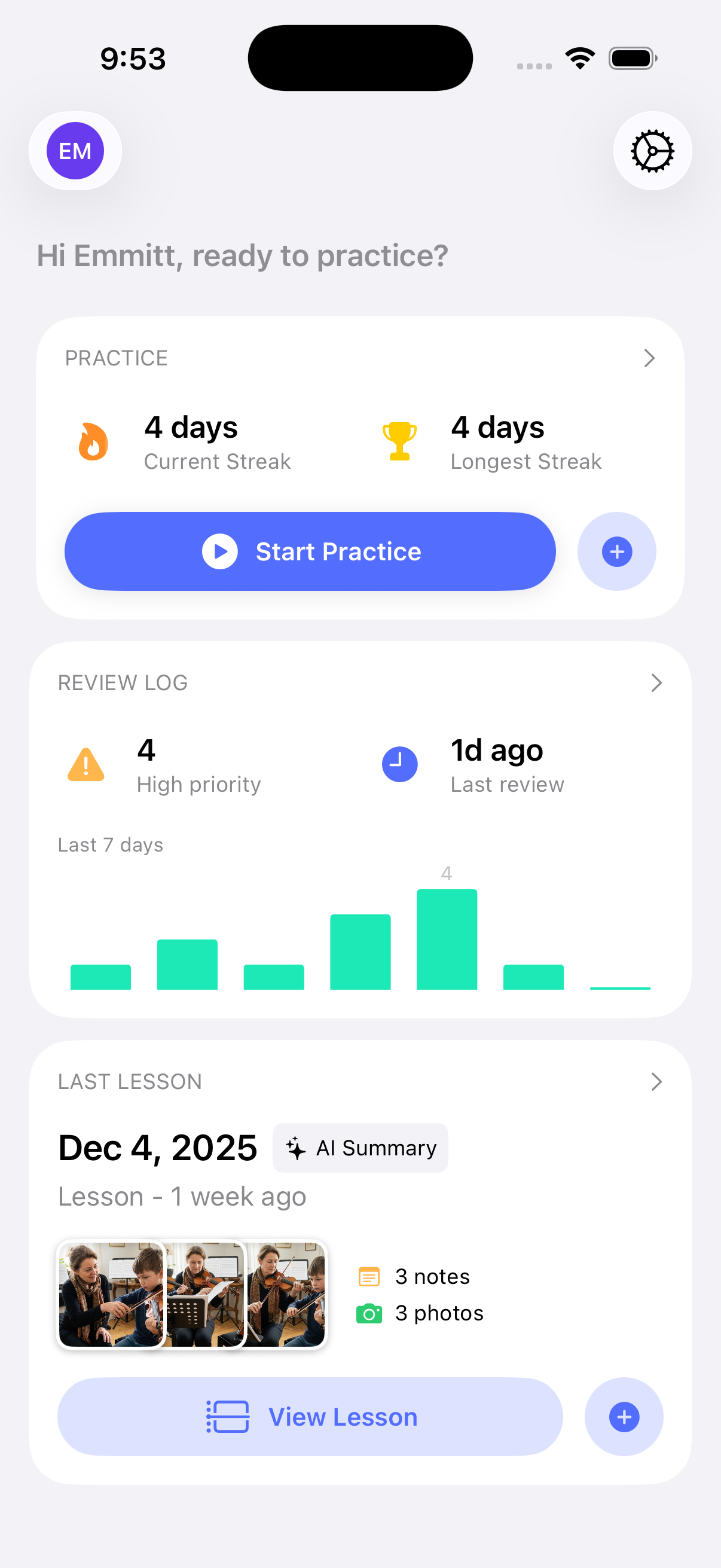 Preludio main view showing practice session tracker
