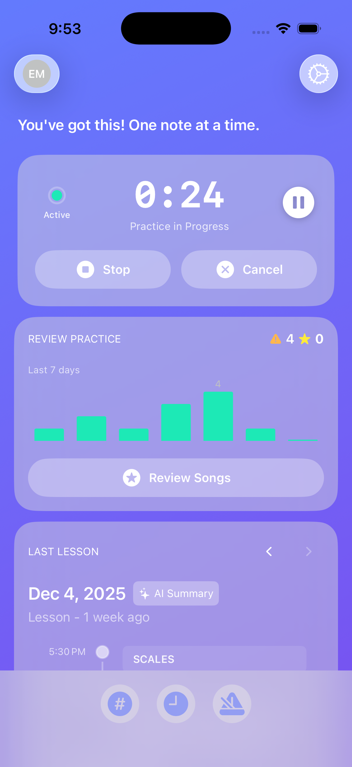 Active practice session with timer and metronome